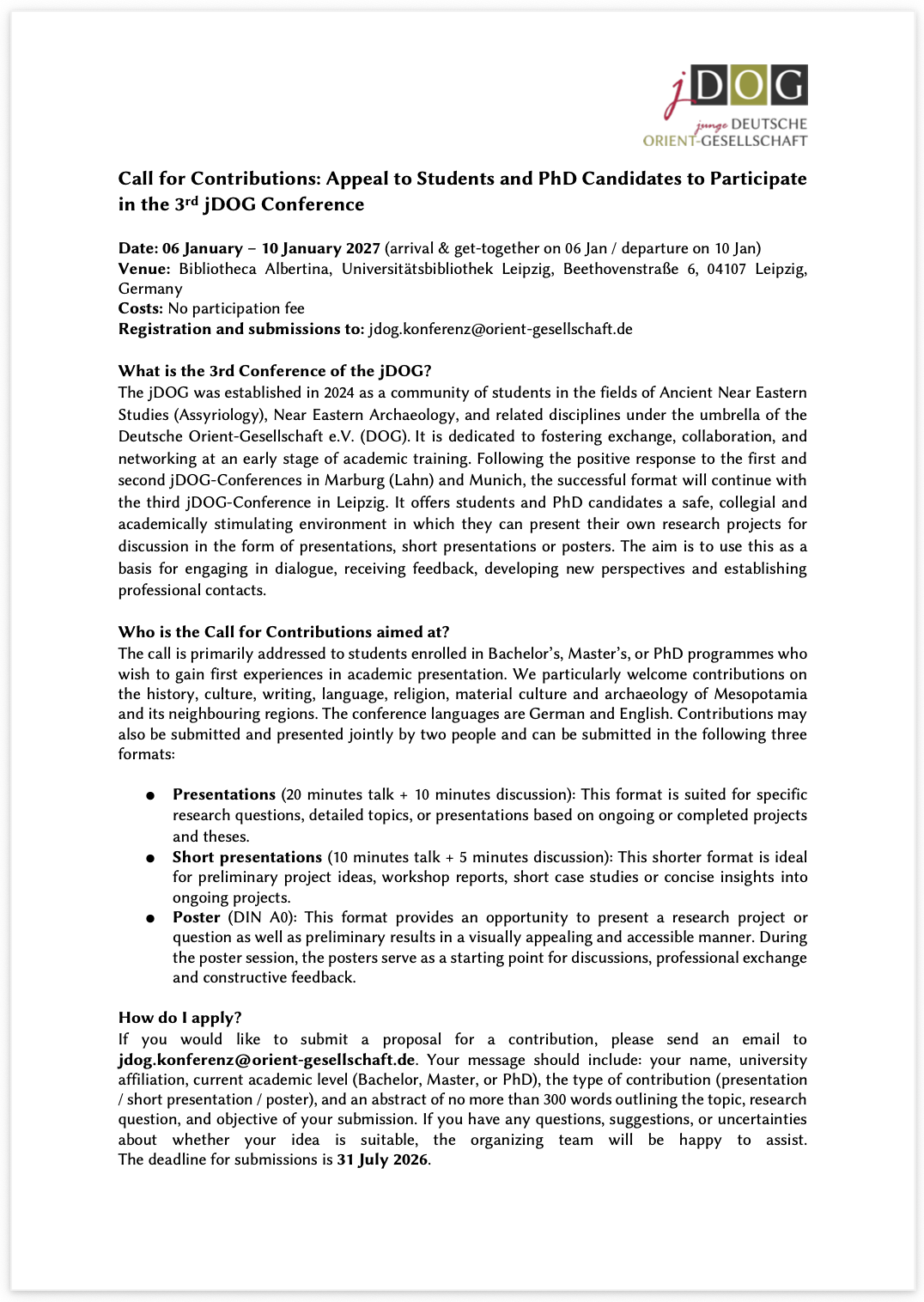 Call for Contributions: Appeal to Students and PhD Candidates to Participate
in the 3rd jDOG Conference